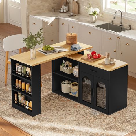 Meuble de cuisine avec table pivotante 360°, 136 x 50 x 78 cm, MDF noir et naturel HAVRYA (1/5)