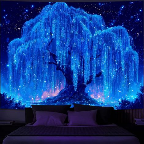Tapisserie Arbre Nuit Étoilée Blacklight – Saule Réactif aux UV, Arbre de Vie Néon, Lumineux dans le Noir, Galaxie Mystique Art Mural pour Chambre et Salon - 180 x 300cm (1/5)
