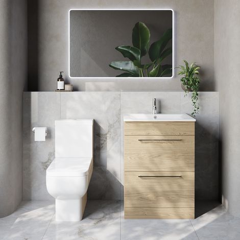 Napoli 460 Light Oak 600mm 2 Drawer Vanity Unit and Tacoma Comfort Height Toilet Suite with Angel Basin - 600mm - Chrome 320mm Handle