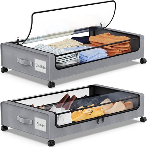 Lot de 2 boîtes de rangement sous le lit à roulettes avec Fenêtre Transparente pour Chambre Vêtements Jouets Livres,Gris,2 pièces (1/5)