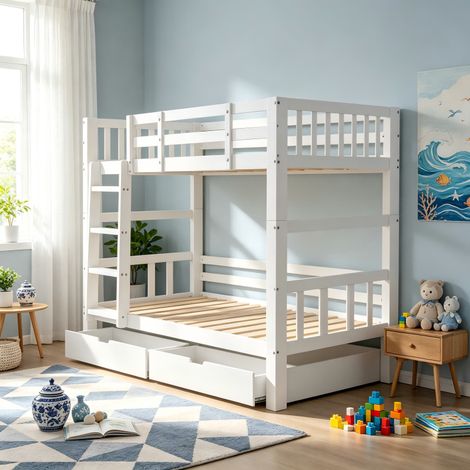 lit superposé démontable enfant en bois 90x200 cm, cadre de lit avec escaliers,tiroirs, balustrade, sans matelas, blanc, pour adolescents et enfants (1/5)