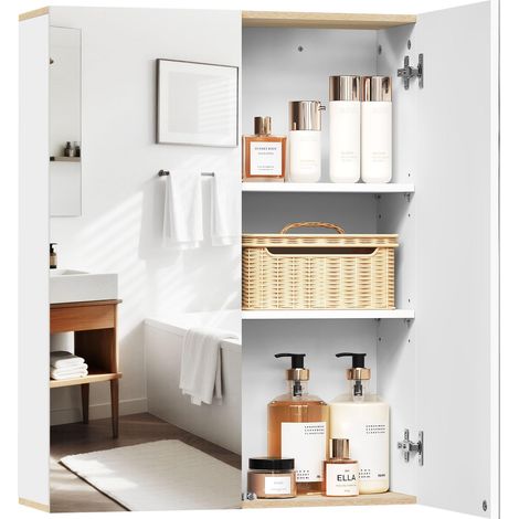 Armoire de salle de bain avec miroir, 60x20x75 cm, étagères réglables, blanc et chêne clair (1/5)