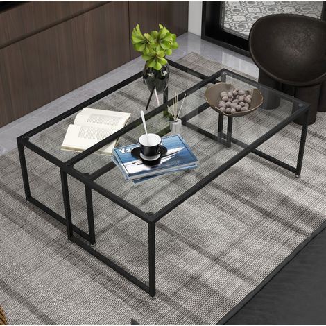 Tavolino da caffè 2 pezzi 119x56x44.5 cm trasparente in vetro e acciaio con struttura impilabile (1/5)