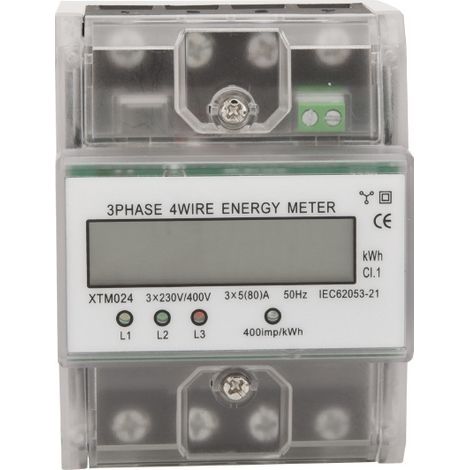 Compteur d'energie triphase a 4 fils 220/380V 5-80A Consommation d'energie kWh Compteur Installation sur rail DIN Compteur electrique numerique avec ecran LCD retro-eclaire, modele: Transparent (1/3)