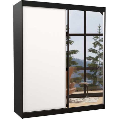 Armoire de chambre à coucher noir 2 portes coulissantes 1 blanche et 1 miroir Masso 180cm (1/5)
