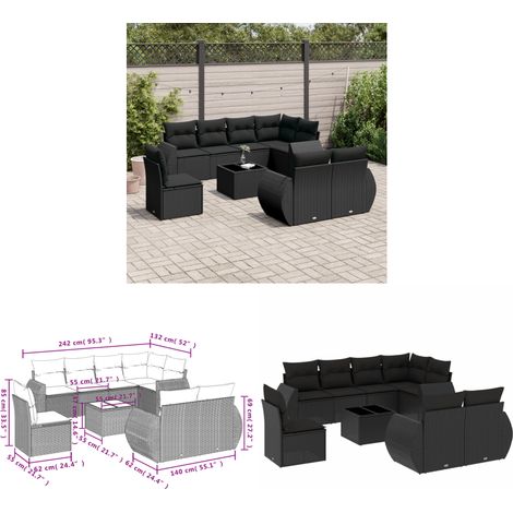 9-tlg. Garten-Sofagarnitur mit Kissen Schwarz Poly Rattan - Gartenmöbel Set - PE-Rattan Möbel - Outdoor Lounge - Esstisch - Gartenstuhl - Home & Living (1/3)