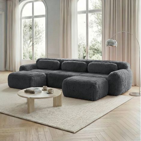 Sofá modular en U de tejido afelpado, sin montaje, base antideslizante, gris OKWISH (1/5)