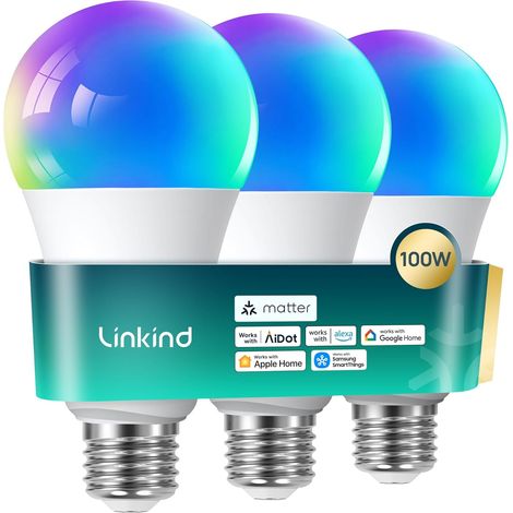 Ampoule Connectée Wi-Fi LED E27 Matter, 1600LM, 14W=100W, RGBTW avec 104 Scènes, 2,4 GHz, A67, Lot de 3 (1/5)