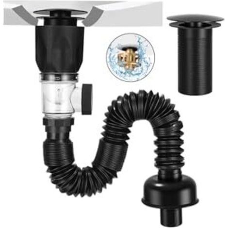 Sifone per lavabo da bagno con tappo a scomparsa e filtro antiodore, tubo flessibile telescopico da 300–1000 mm per bagno e cucina.
