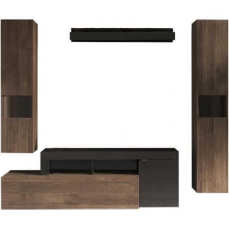 Conjunto de muebles de salón colección FREDO con cajón y 3 puertas. Color negro y roble oscuro.