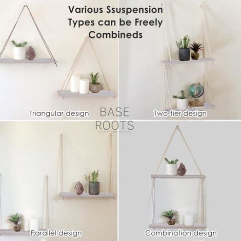 Étagère Flottante Bois Triangulaire-1, Brun,Standard, Corde Crochets Plantes, Déco Maison Aucunely (1/5)