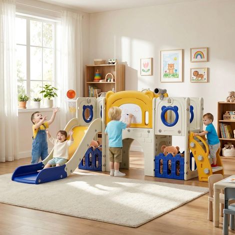 10-in-1 Multifunktional Kinderrutsche mit Zeichenbrett & Bürste – Klettergerüst für Indoor & Outdoor, Spielplatz mit Basketballkorb & Doppelter Stauraum, Gartenrutsche,4PCS Moduls,Gelb Blau (1/5)