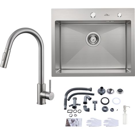 Lavello da cucina in acciaio inox 55 x 45 cm da incasso per basi da 60 cm + Rubinetto da cucina estraibile spazzolato (1/5)