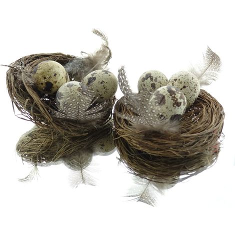 Oster-Deko Nest mit Wachteleiern & Federn aus Naturmaterialien - 2er-Pack
