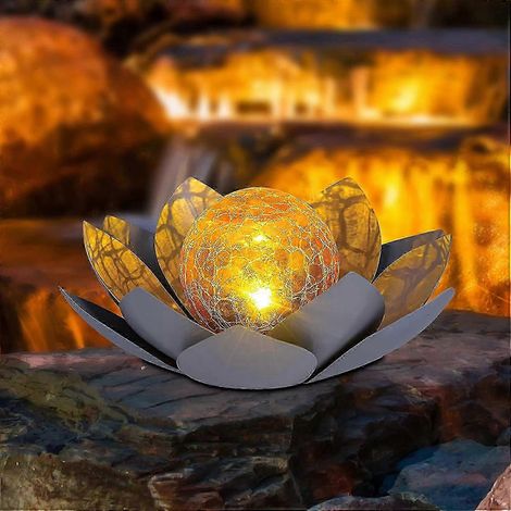 2pcs codage métal lotus jardin extérieur led lanterne solaire avec boule de verre lampe solaire jardin éclairage fleur de lotus pour chemin, cour, porche, patio (gris) 2 (1/5)