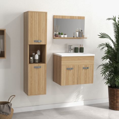 Ensemble de Meubles de Salle de Bain 4 Pièces (Mural), Miroir + Meuble sous Vasque + Lavabo + Armoire Haute, Naturel