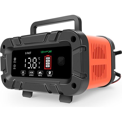 Chargeur intelligent 12V/24V 0-10A - Écran grand format. Compatible batteries plomb-acide et LiFePO4. Fonction de maintenance automatique pour voiture et véhicules légers