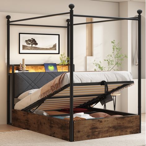 Cama dormitorio con dosel y almacenaje LED madera negra OKMYHOME (1/5)