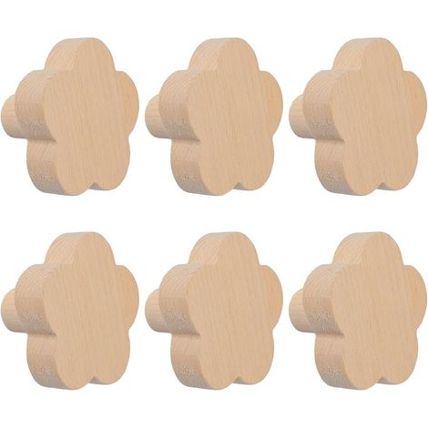 6 poignées en bois en forme de fleur à un seul trou, poignées autocollantes en bois de hêtre, poignées de placard en bois pour tiroirs avec vis (1/5)