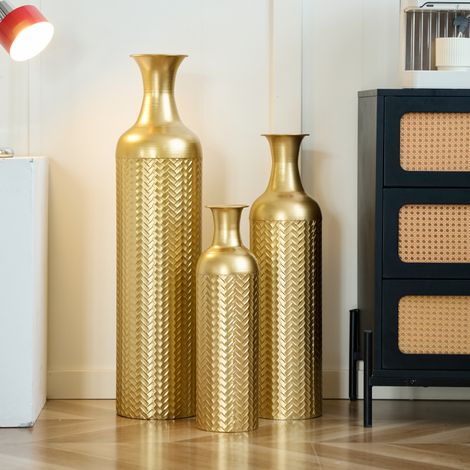 Ensemble de 3 grands vases de sol dorés - Vases de sol décoratifs à motif texturé (50/66/83 cm) - Jardinières hautes en métal pour plantes, vases décoratifs pour salon ou entrée, style vintage (1/5)
