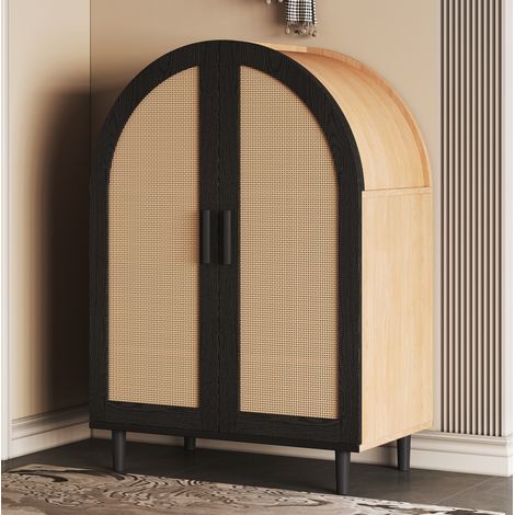 Zapatero en MDF y aglomerado natural/negro, 2 puertas de ratán, 3 baldas con 2 regulables, 70 x 40 x 100 cm (1/5)