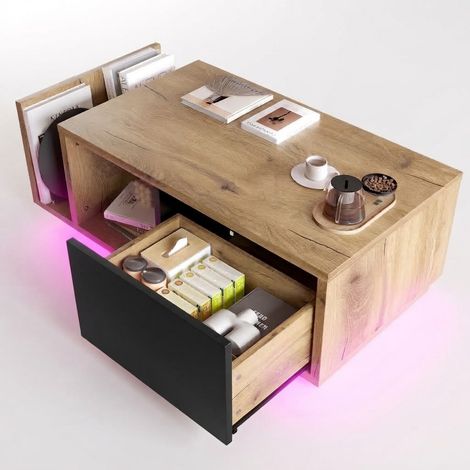 ELVMI Mesa de Centro con Cajón, Compartimento Abierto y LED, de Madera de Ingeniería, 99.5 x 53 x 38 cm, Natural (1/5)