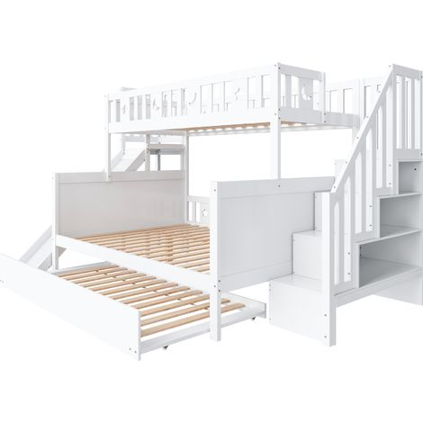 Letto a castello per bambini bianco con scivolo, scala, letto estraibile e ripiani (1/5)