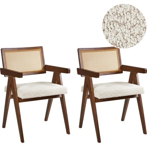 Conjunto de 2 sillas de comedor retro estructura de madera de caucho asiento de bouclé comedor cocina marrón oscuro y beige claro Ava (1/5)