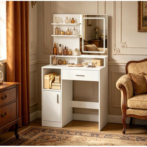Coiffeuse avec miroir LED 80x40x140 cm blanc en panneaux de particules gain de place - CHICFURN (1/5)