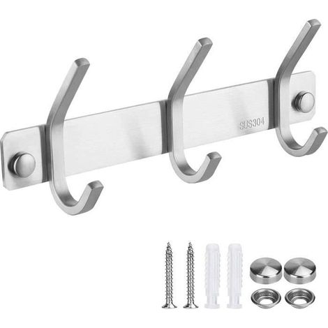 (argent)Porte Manteau Mural - Inox - 3 Crochets - Antirouille - Design Contemporain - Résistant (1/4)