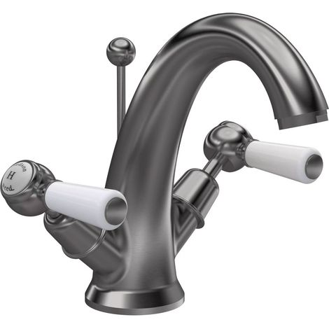 Hudson Reed Topaz Lever Mono Basin Mixer Tap Dual Handle with Pop Up Waste - Brushed Pewter (1/2)