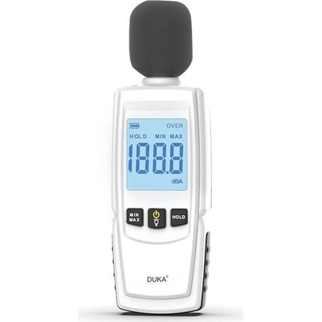 DUKA Decibel Meter Lecteur de niveau sonore numérique Portable Dispositif de mesure du bruit Audio 30-130dBA avec affichage à LED Fonction de maintien des données d'alarme de rétro-éclairage (Blanc) (1/5)