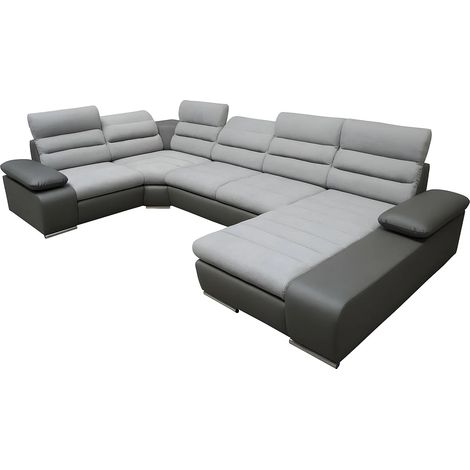Vente-Unique – Canapé d'angle panoramique convertible 6 places – Têtières ajustables – Coffre de rangement – Tissu et simili gris/anthracite (1/4)