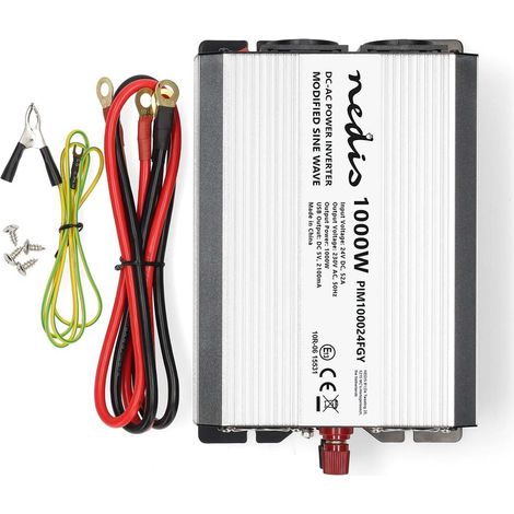 Nedis Power Inverter änderte Sinus-Wellen / Eingangsspannung: 24 V DC / Geräteausgangsanschluss: Type F (CEE 7/3) / USB-A / 230 V AC 50 Hz / 1000 W / Spitzenleistung: 2000 W / Schraubklemme / Silber