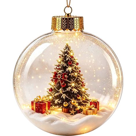Boule à neige lumineuse 3D en acrylique transparent, décoration à suspendre au sapin de Noël avec le Père Noël et son traîneau de rennes (1/5)