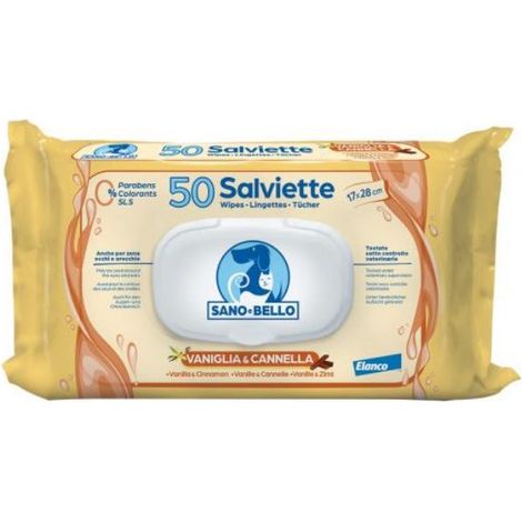 Elanco Sano e Bello Dog & Cat Salviette Detergenti Vaniglia e Cannella - Confezione 50 Salviette - Igiene Cane