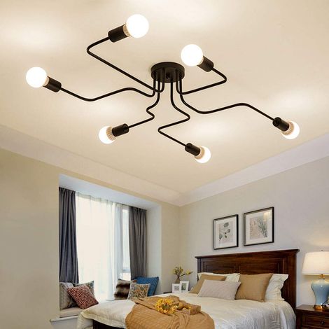 Lustre vintage noir E27 pour salon et chambre à coucher, semi-encastré, 6 ampoules E27, sans ampoule (1/5)
