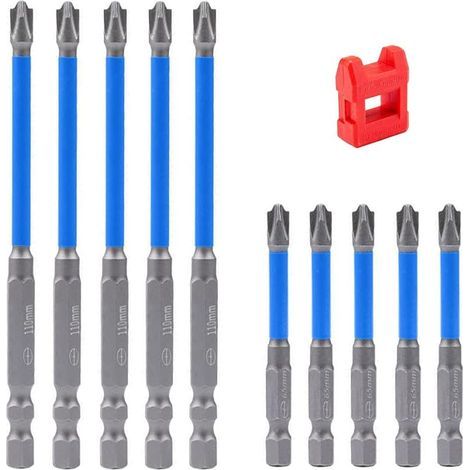 Lot de 10 embouts de tournevis cruciformes magnétiques longs spéciaux et à tête plate pour électriciens, embouts PH2 pour visseuse à percussion, tige hexagonale 1/4" pour visseuse sans fil (1/5)
