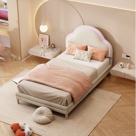 Lit simple rembourré avec tête de lit nuage et LED multicolores, velours beige, 90x200 cm (1/5)