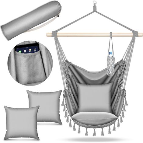 tillvex Hängesessel Grau 2 Kissen zum Aufhängen Hängestuhl mit Getränkehalter & Bücherfach Hängesitz wetterfest - Indoor & Outdoor Hängekorb mit Tragetasche für Erwachsene & Kinder (1/5)