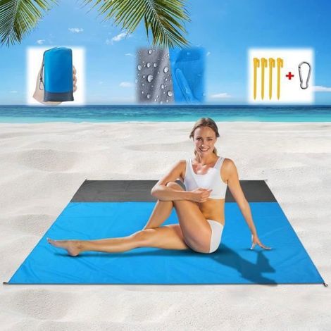 Couverture De Plage, 210 X 200 Cm Tapis De Plage Imperméable Avec 4 Coins De Fixation Tapis De Plage Anti Sable Natt NATTE DE PLAGE (1/5)