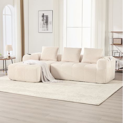 FloraGrace Sofa modulable en corduroy beige, 253 x 158 x 61 cm, 3 coussins, poches latérales, porte gobelets (1/5)