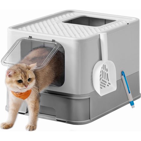Bac à Litière Fermé pour Chat, Maison de Toilette, Plateau Amovible, Pelle, Brosse, pour Grand Chat, Capacité 15 kg, Anti-traces, Anti-fuites, Gris Clair et Gris Tourterelle (1/5)