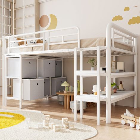 Letto a soppalco per bambini 90x200 in metallo con vano contenitore, scaletta ampia, angoli arrotondati, cassetti e ripiani per un'organizzazione salvaspazio nella cameretta, bianco (1/5)