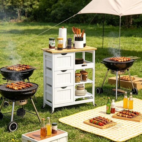 Chariot de cuisine roulant blanc, îlot central avec étagères et tiroirs en bois, meuble de décoration pour la salle à manger. (1/5)
