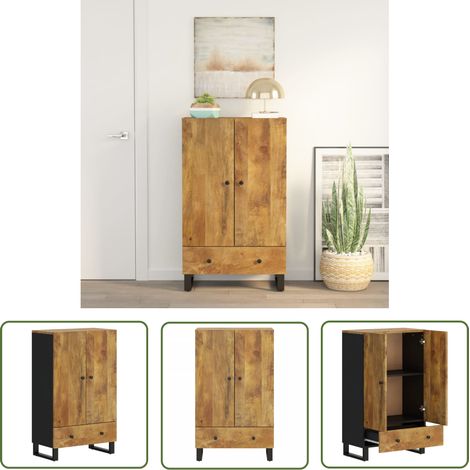The Living Store Buffet haut avec tiroir 60x33x100cm bois massif manguier et fer - Buffet Industriel - Meuble Rangement - Bois Massif - Manguier - Commode (1/5)