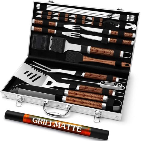 Set d'ustensiles de barbecue 26 pièces en acier inoxydable avec thermomètre et mallette (1/5)