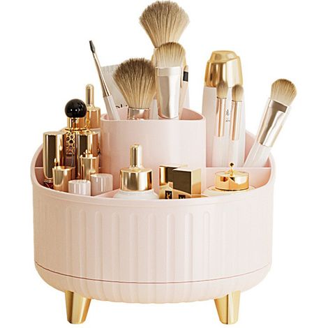 [Make-up-Organizer] Drehbarer Schreibtisch-Organizer mit mehreren Fächern, metallisch-rosa lackiertes Modell, großes Stauvolumen