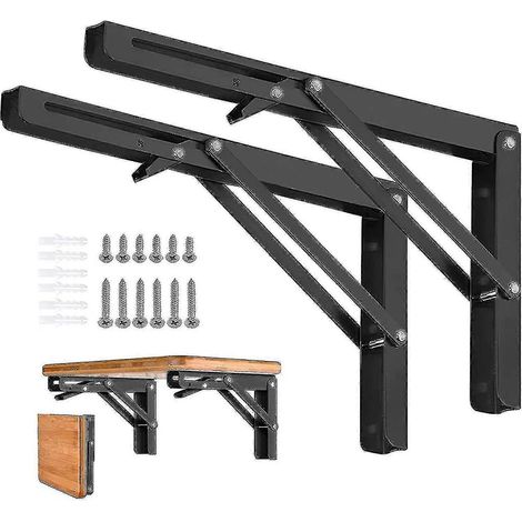 2 supports d'étagère pliables - Support d'étagère triangulaire pliable en métal robuste, charnière de table pliante murale à monter soi-même, gain de place pour table de banc. (1/5)