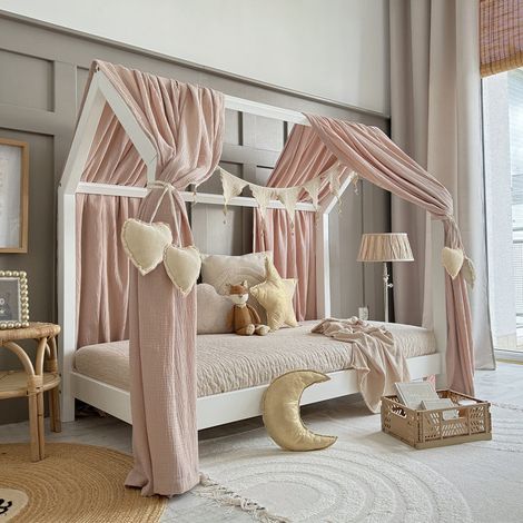 Ciel de lit en mousseline double pour 90x190 Rose clair (1/4)